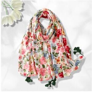 NEW Boho Exotic Floral Design Tasseled Rectangle Soft Chic Scarf L Cream